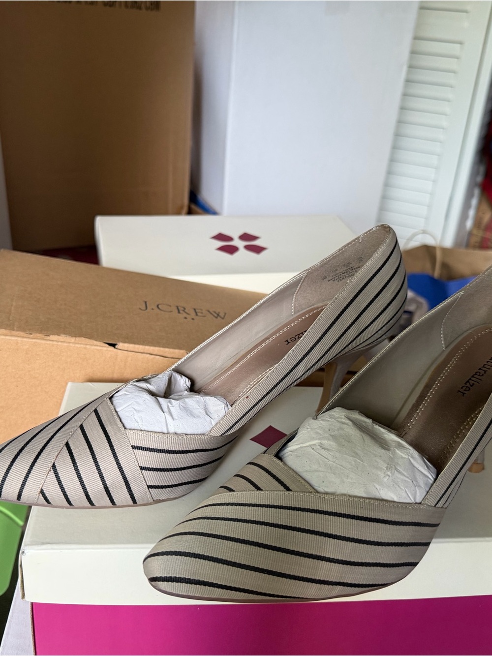 Naturalizer Beige and Black Striped Pointed-Toe Pumps